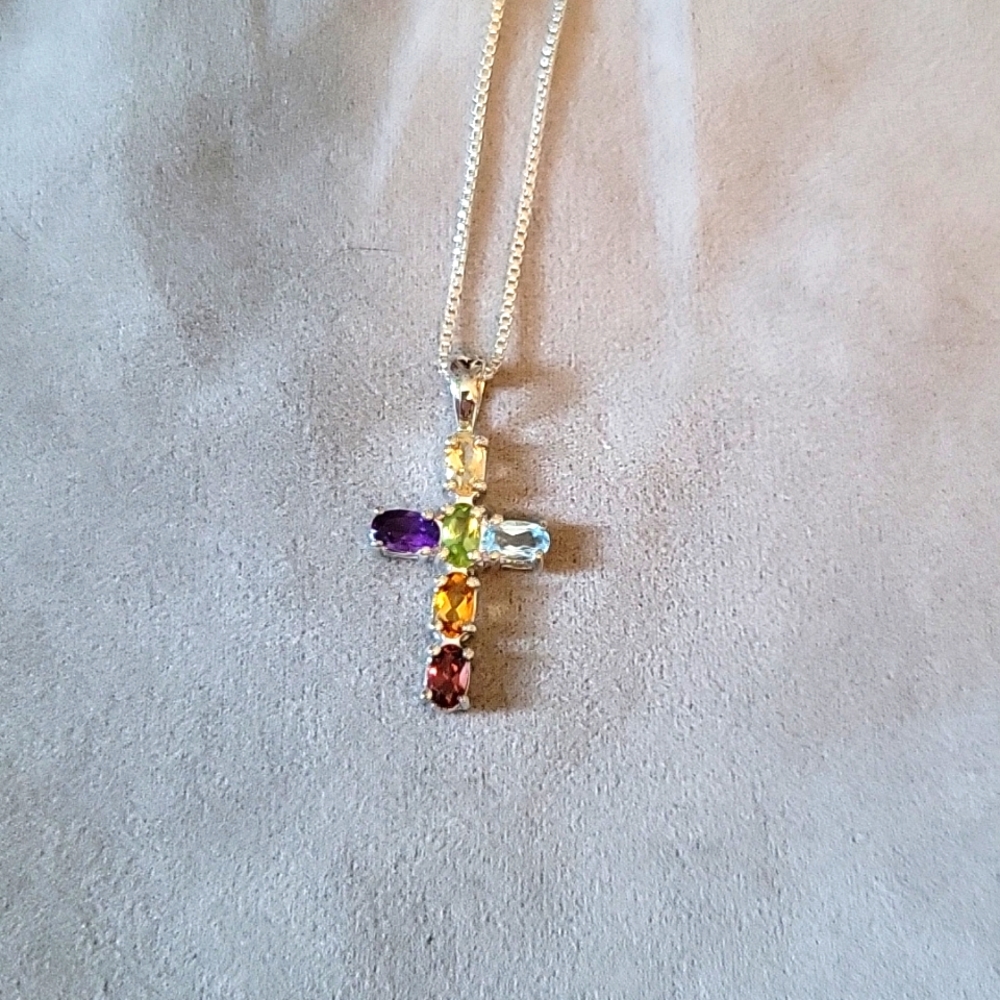 Sterling silver gemstone cross necklace